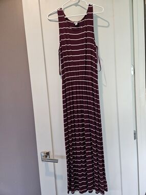 Merona Burgundy (Maroon) & White Striped Sleeveless Maxi Dress